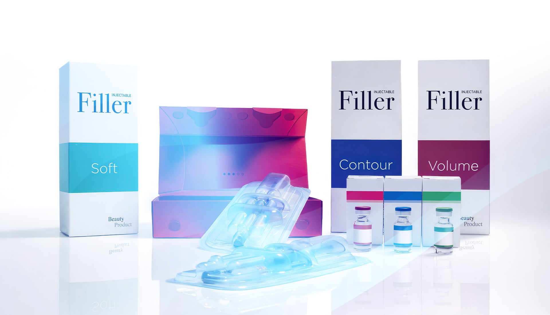 Sortiment an Medical-Aesthetics-Produkten und Verpackungen für Injectable Aesthetics bei KOCH medplus®